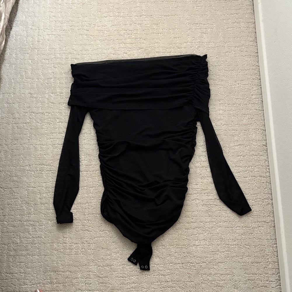 Black Off-Shoulder Ruched Bodysuit